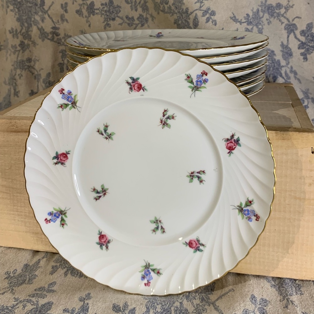 VTG 1950s Set of 8 Royal Tettau Dresden Flowers Salad Plates Gold Trim